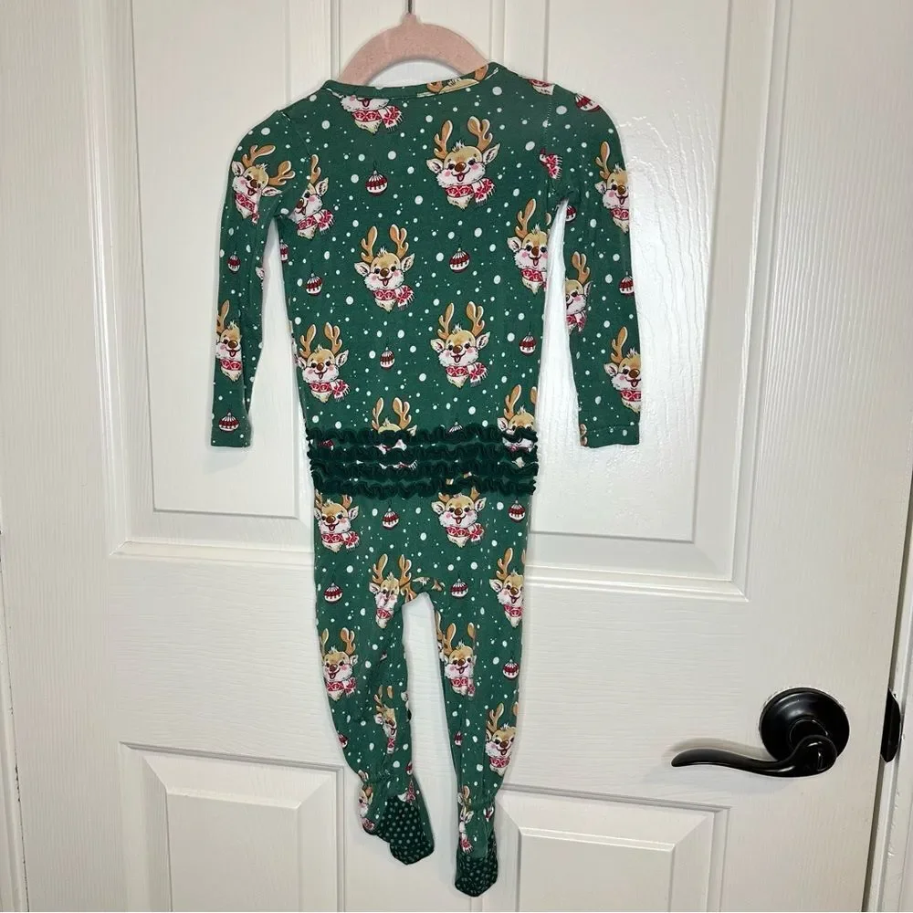 Ruffle Butts Dark Green Rudolph Snowball Ruffle Footie Pajama Sz 6-12M Christmas